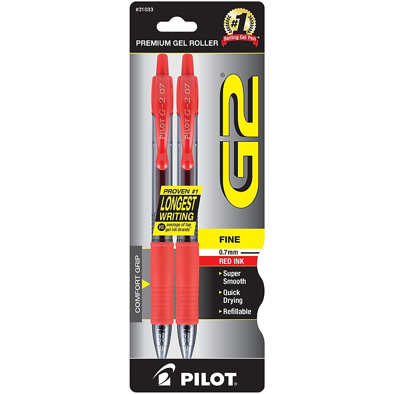 Pilot G2 Retractable Gel Pens, Fine Point, Red Ink, 2/Pack (31033) image 1