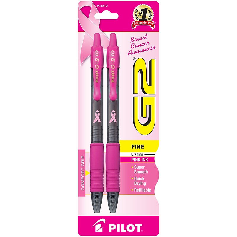 Pilot G2 BCA Retractable Gel Pens, Fine Point, Pink Ink, 2/Pack (31312) image 1