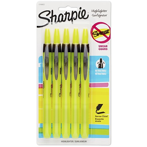 Sharpie Retractable Highlighter, Chisel Tip, Fluorescent Yellow, 5/Pack