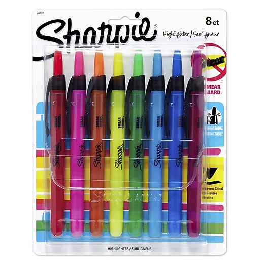 Sharpie Accent Retractable Highlighter Chisel Tip Assorted Colors 8 Pack 28101 Staples