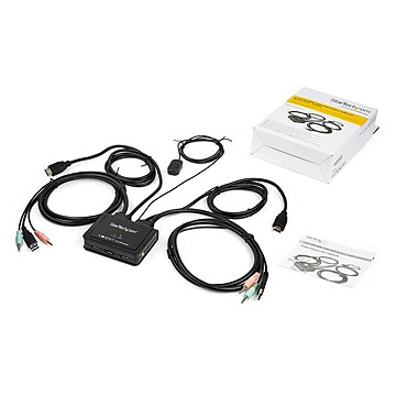 2 Port HDMI KVM Switch - 4K 60Hz - Compact UHD HDMI USB KVM Switch with 4ft Cables & Audio - Bus Powered & Remote Switching