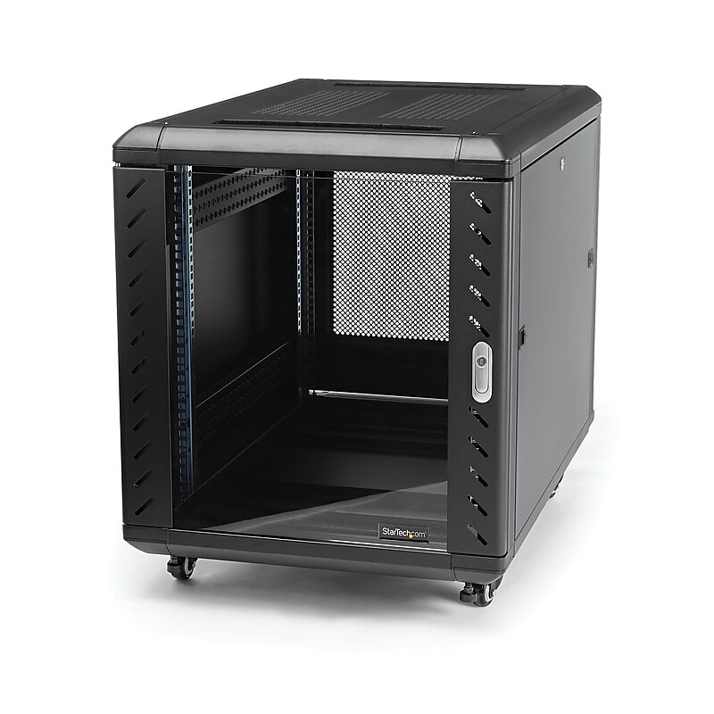 15U 19" Server Rack Cabinet - 4 Post Adjustable Depth (6-32") Locking Knock Down Enclosure - Mobile w/Glass Door & Casters image 1