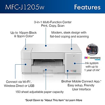Brother INKvestment Tank MFC-J1205W Wireless Color All-in-One Inkjet Printer