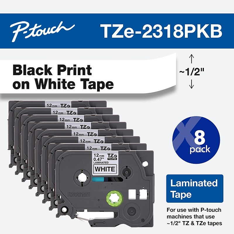 Brother P-touch TZe-231 Laminated Label Maker Tape, 1/2" x 26-2/10', Black on White, 8/Pack (TZe-2318PKB) image 1