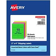 Avery(R) High Visibility Shipping Labels, 2" x 4", Neon Assorted, 500/Pack (5956)