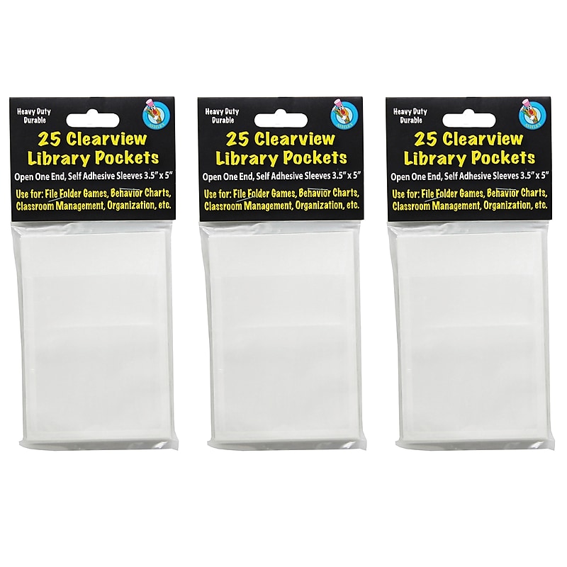 Ashley Productions Plastic Clear View Self-Adhesive Library Pocket, 3.5" x 5", 25 Per Pack, 3 Packs (ASH10408-3) image 1