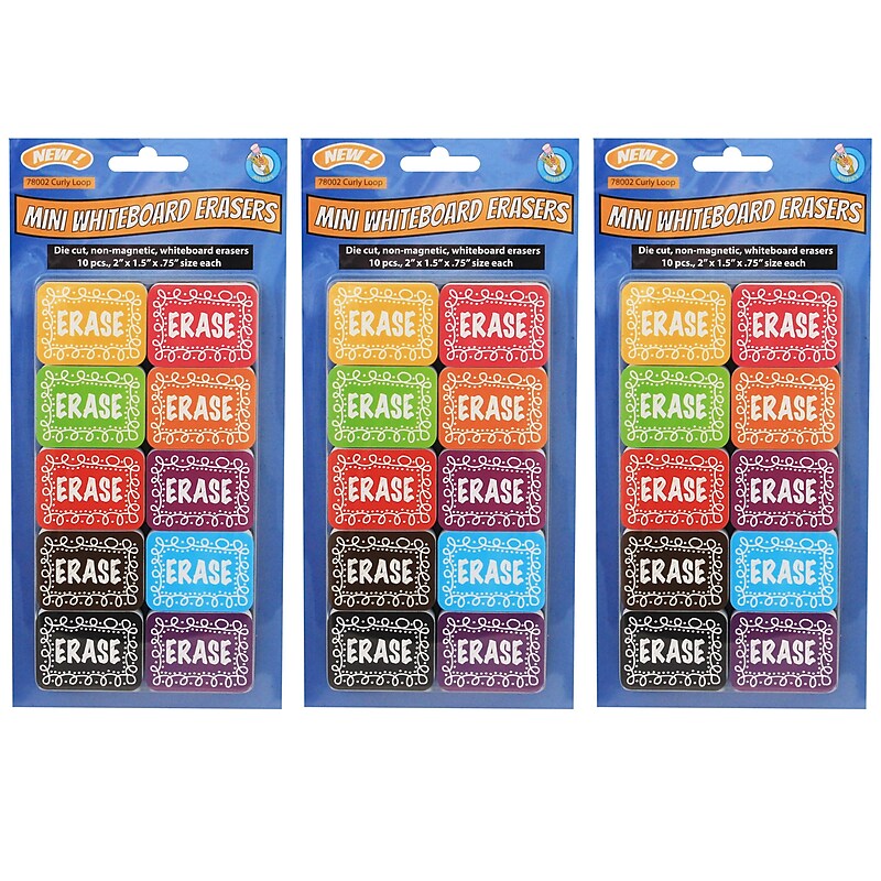 Ashley Productions Non-Magnetic Mini Whiteboard Erasers, Chalk Loop, 10 Per Pack, 3 Packs (ASH78002-3) image 1
