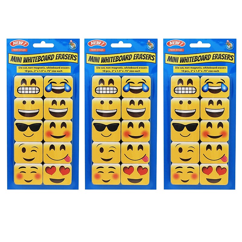 Ashley Productions Non-Magnetic Mini Whiteboard Erasers, Emotions Icons, 10 Per Pack, 3 Packs (ASH78005-3) image 1