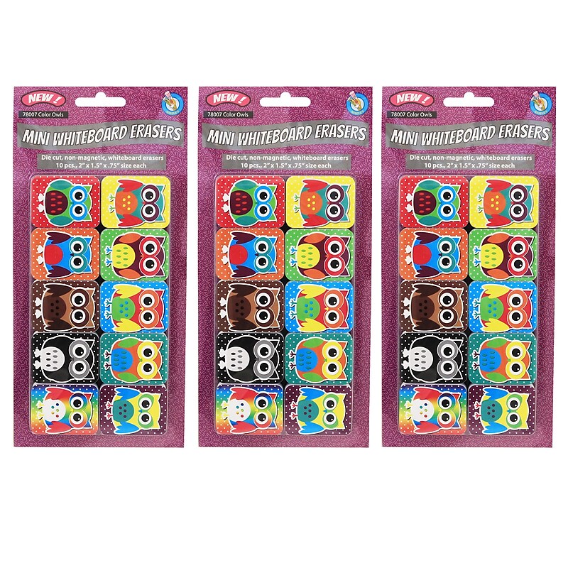 Ashley Non-Magnetic Mini Whiteboard Erasers, Color Owls, 10 Per Pack, 3 Packs (ASH78007-3) image 1