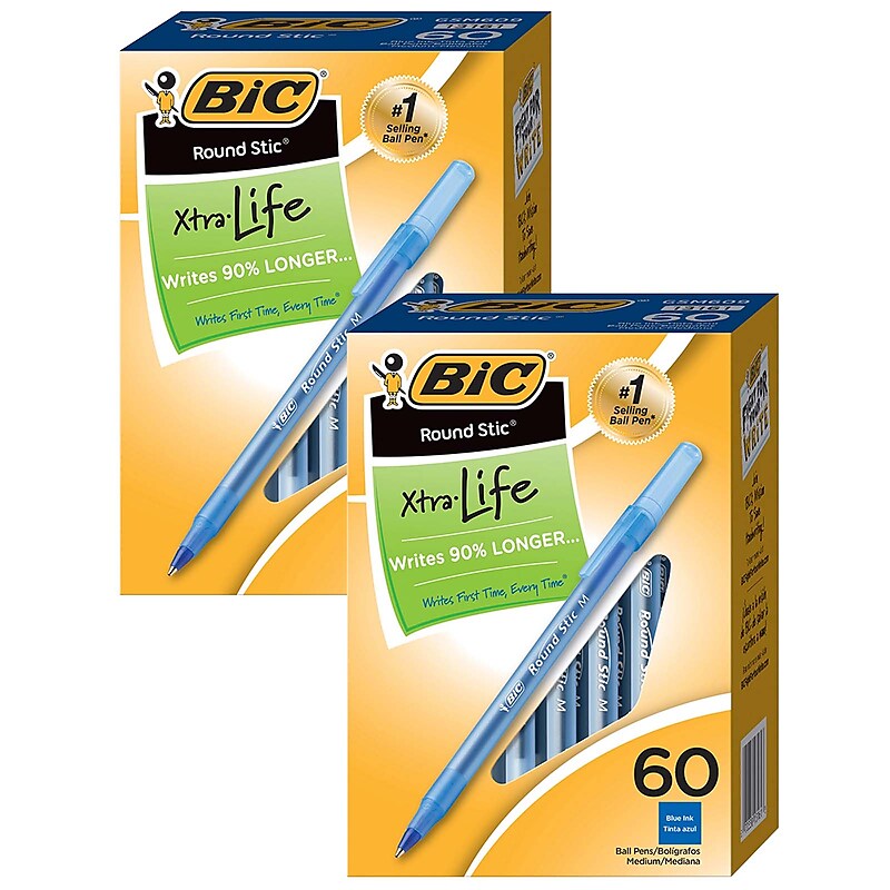 BIC Round Stic Xtra Life Ballpoint Pens, Medium Point, Blue, 60/Pack, 2 Packs (BICGSM609BE-2) image 1
