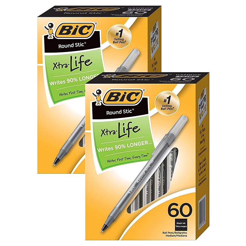 BIC Round Stic Xtra Life Ballpoint Pens, Medium Point, Black, 60/Pack, 2 Packs (BICGSM609BK-2) image 1