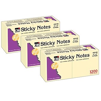 Charles Leonard 3" x 3", Yellow, 100 Sheets/Pad, 12 Pads/Pack, 3 Packs (CHL33100-3)
