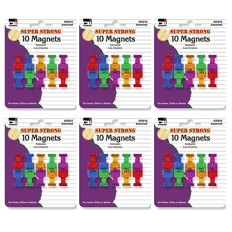 Charles Leonard Dry Erase Push Pin Style Super Strong Strength Magnets, Assorted Colors, 10 Per Pack, 6 Packs (CHL35910-6) image 1