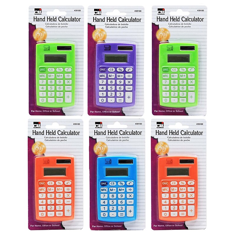 CLI Primary 8-Digit Battery/Solar Powered Basic Calculator, Assorted Colors, 6/Bundle (CHL39100-6) image 1