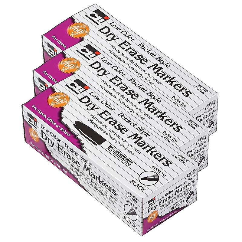 CLI Dry Erase Markers, Bullet Tip, Black, 12/Pack, 3 Packs (CHL47320-3) image 1