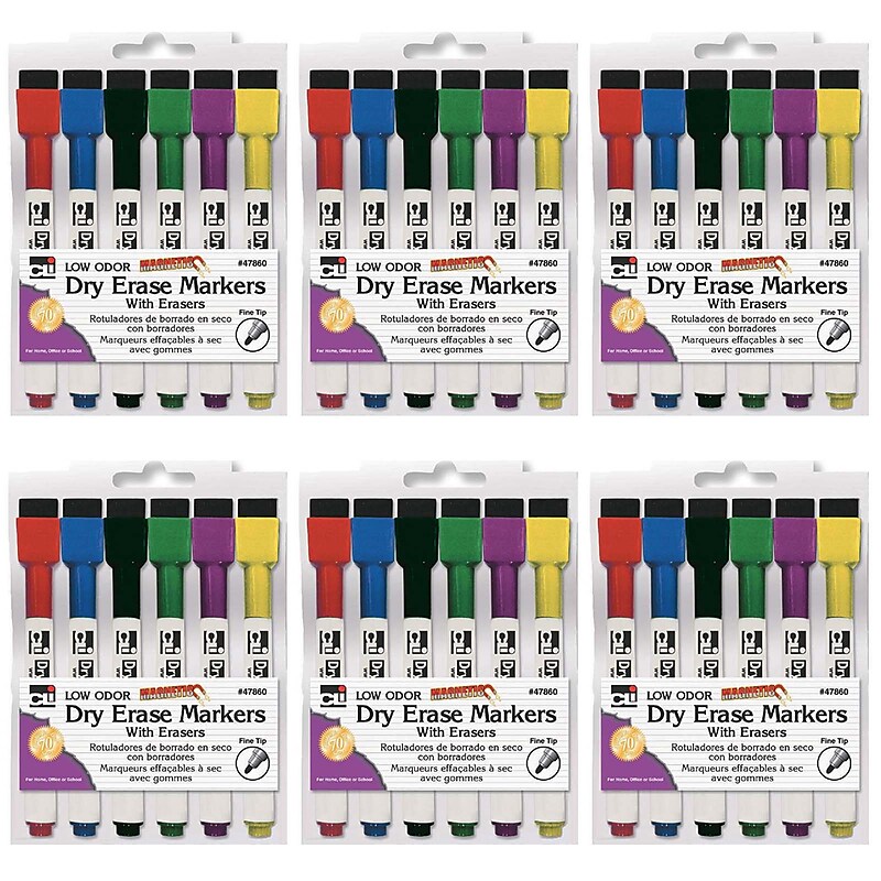 Charles Leonard Magnetic Dry Erase Markers with Erasers, Fine Tip, Assorted Colors, 6 Per Pack, 6 Packs (CHL47860-6) image 1