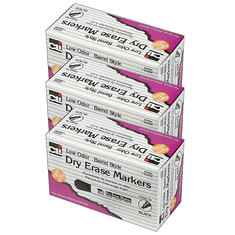 CLI Dry Erase Markers, Chisel Tip, Black, 12/Pack, 3 Packs (CHL47920-3) image 1
