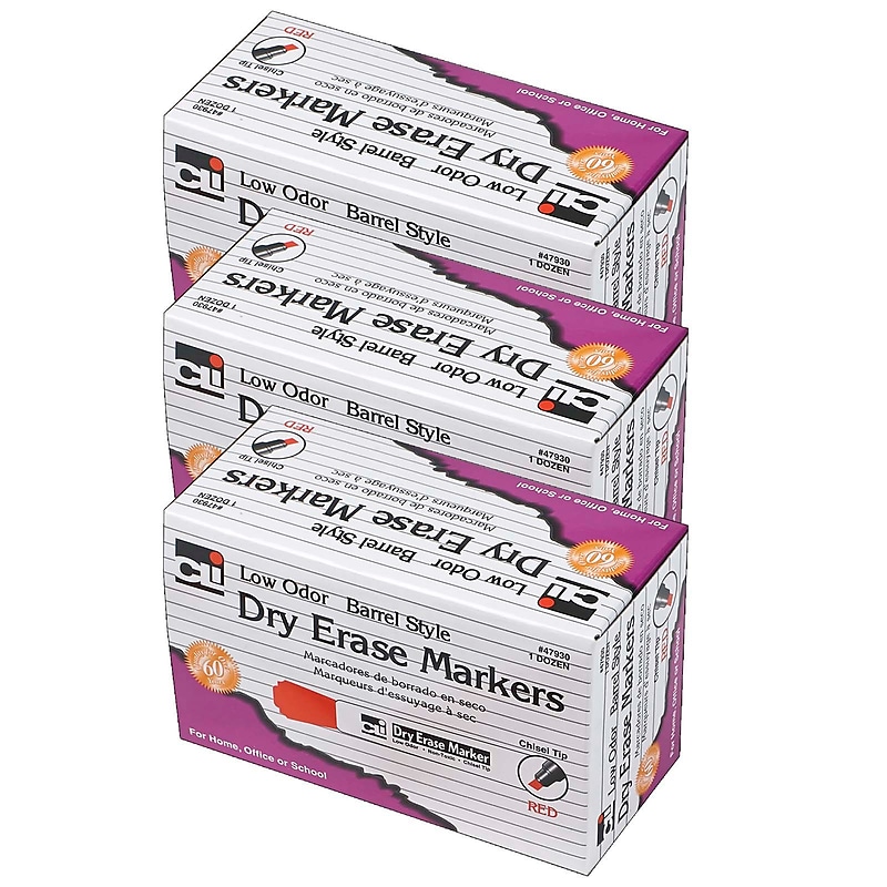 CLI Dry Erase Markers, Chisel Tip, Red, 12/Pack, 3 Packs (CHL47930-3) image 1