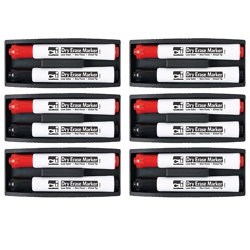 Charles Leonard Dry Erase Magnetic Whiteboard Eraser with 2 Dry Erase Markers, Red/Black, Pack of 6 (CHL74532-6) image 1