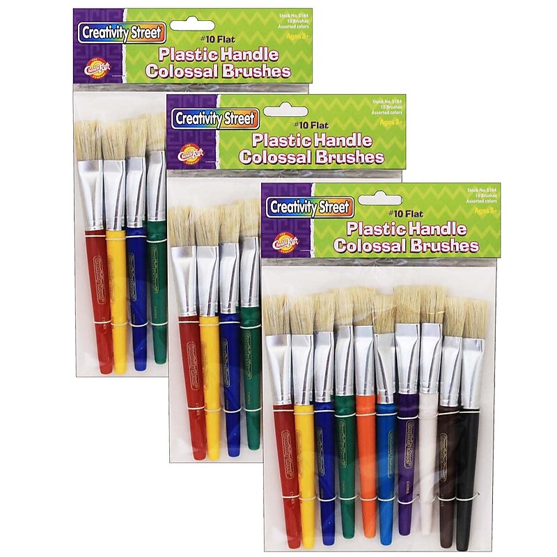 Creativity Street Mixed Short Handle Media Natural Hog Bristle, Beginner Flat Paint Brushes, 10/Pack, 3 Packs/Bundle image 1