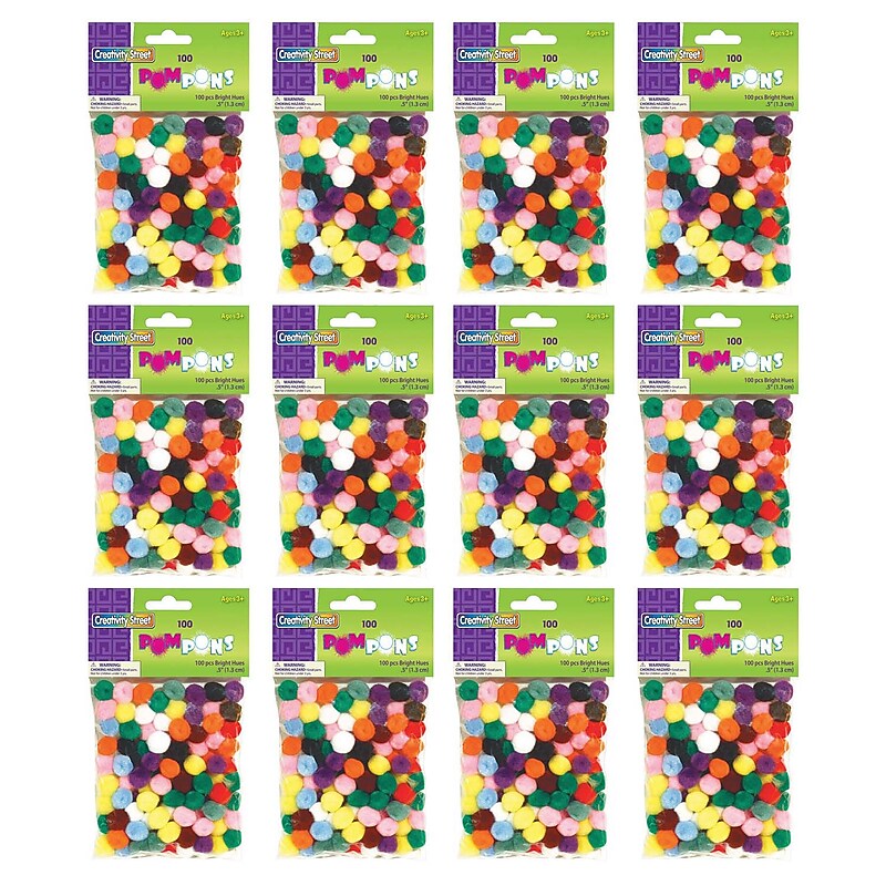 Creativity Street Pom Pons, Bright Hues Assortment, 0.5", 100 Pieces/Pack, 12 Packs/Bundle (CK-811401-12) image 1