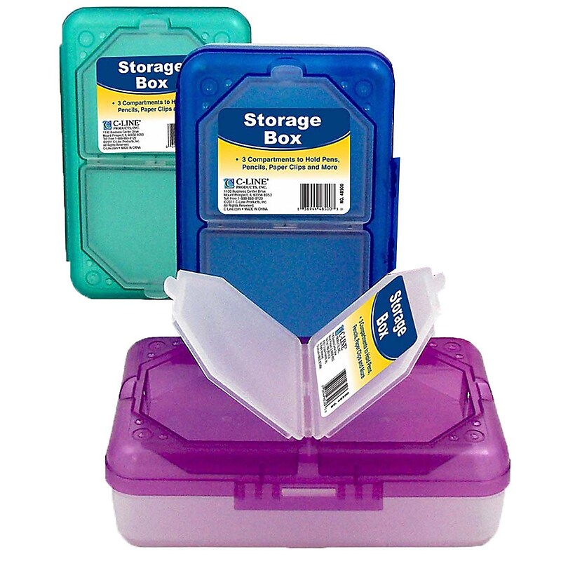 C-Line Plastic 3 Compartment Storage Box, 7.90" × 4.90" × 2.50", Assorted Colors (no color choice), Pack of 3 (CLI48500-3) image 1