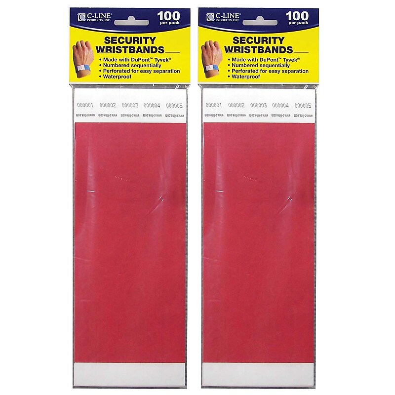 C-Line DuPont Tyvek Security Wristbands, Red, 100 Per Pack, 2/Pack (CLI89104-2) image 1