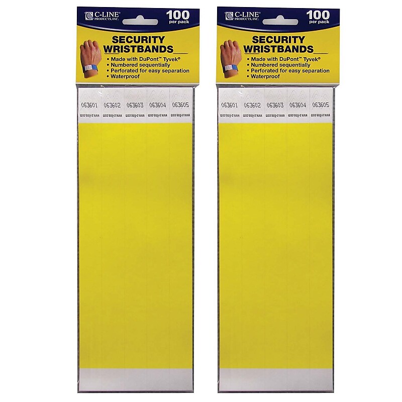 C-Line DuPont Tyvek Security Wristbands, Yellow, 100 Per Pack, 2/Pack (CLI89106-2) image 1