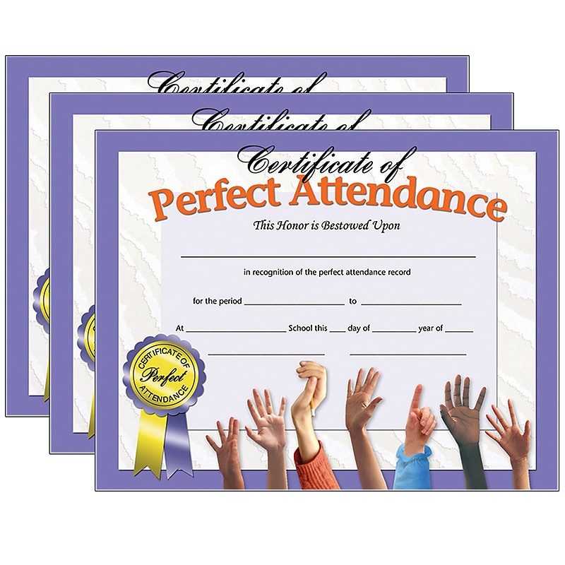 Hayes Publishing Certificate of Perfect Attendance, 30 Per Pack, 3 Packs (H-VA613-3) image 1