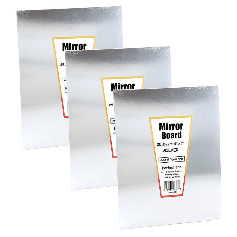 Hygloss Silver Foil Mirror Board, 5" x 7", 25 Sheets Per Pack, 3 Packs (HYG28355-3) image 1
