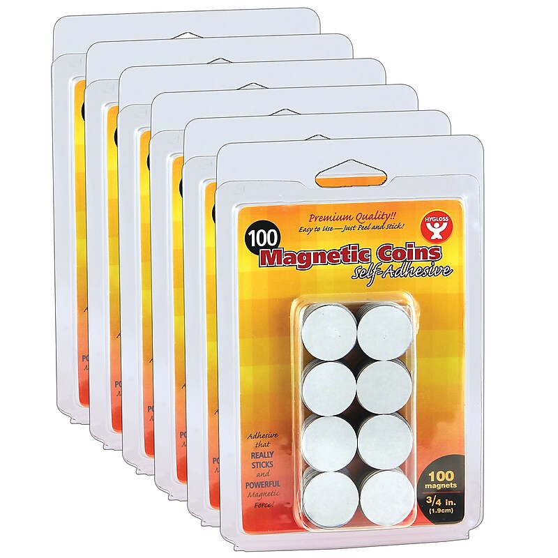 Hygloss Self-Adhesive Magnetic Coins, 3/4", Black, 100 Per Pack, 6 Packs (HYG61400-6) image 1