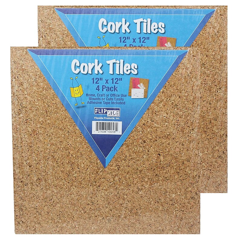 Flipside Natural Cork Tiles, 12" x 12", 4 Per Pack, 2 Packs (FLP10058-2) image 1