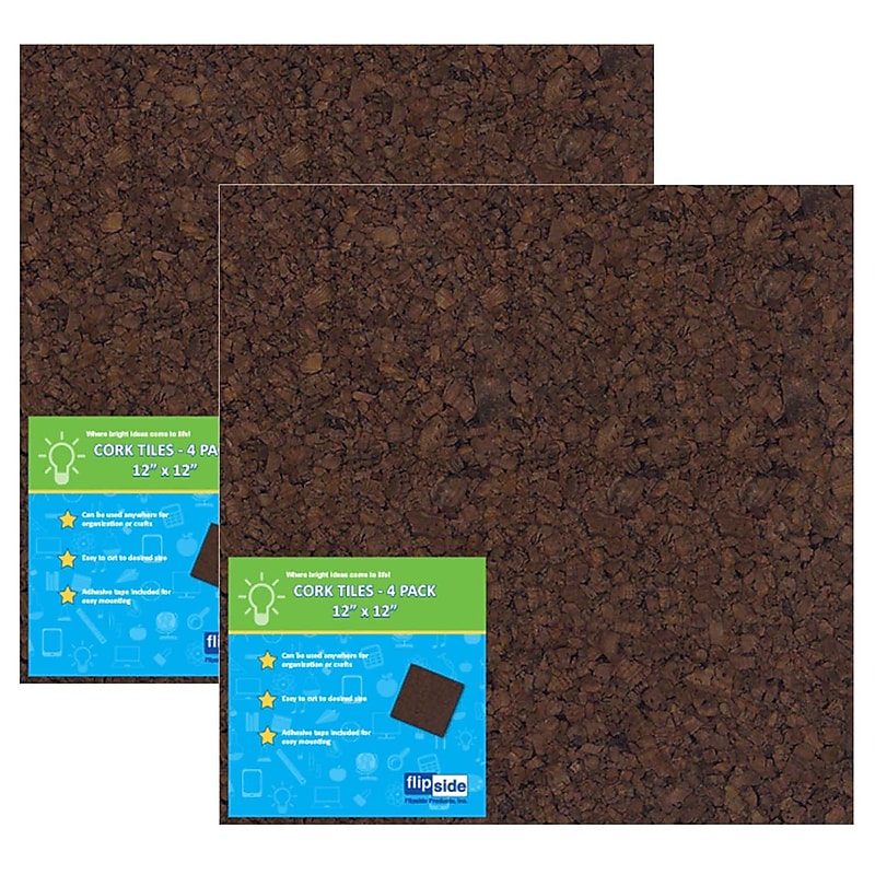 Flipside Products Dark Cork Tiles, 12" x 12", Brown, 4 Per Pack, 2 Packs (FLP12058-2) image 1