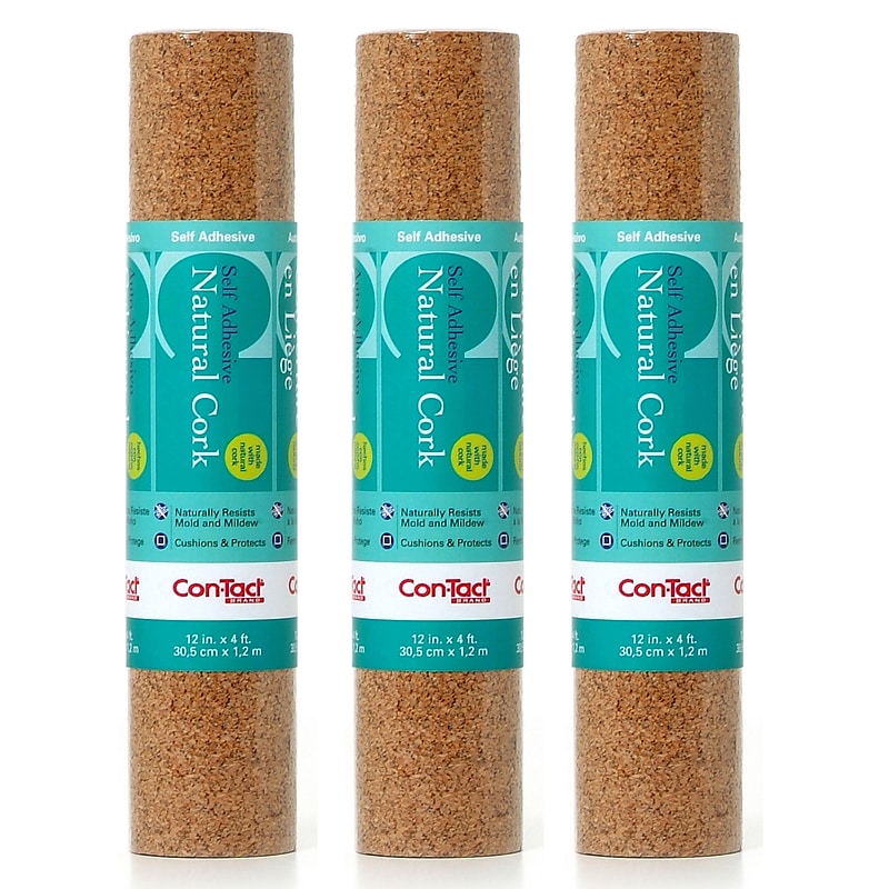 Con-Tact® Cork Adhesive Roll, 12" x 4', Light Brown, 3 Rolls (04F12642006-3) image 1