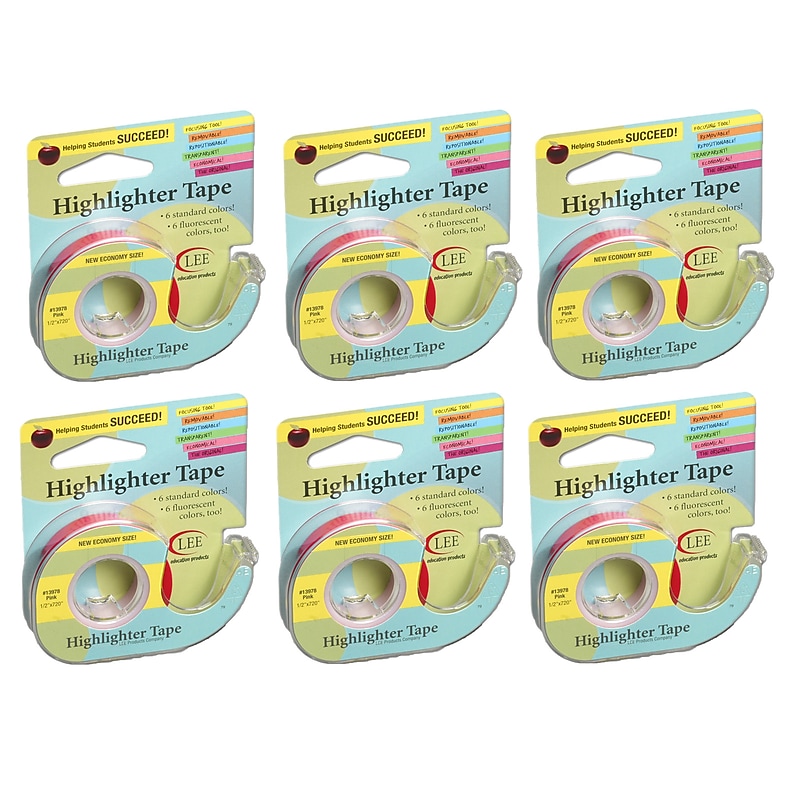 Lee Products Removable Highlighter Tape, 1/2" x 20 yds., Pink, Pack of 6 (LEE13978-6) image 1