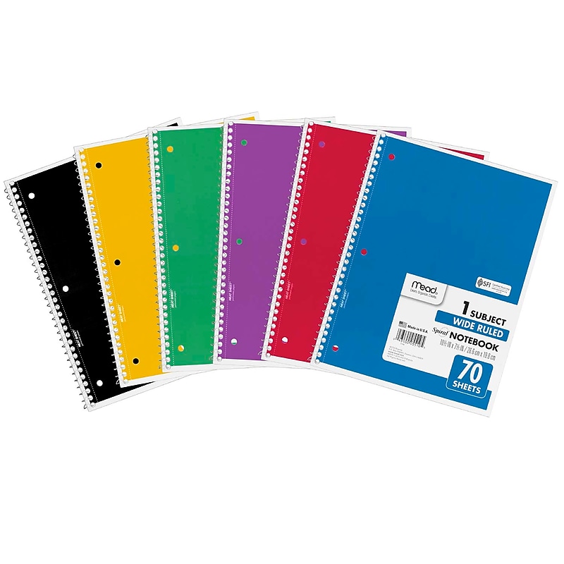 Mead 1-Subject Notebooks, 8" x 10.5", Wide Ruled, 70 Sheets, Assorted Colors, 6/Bundle (MEA05510-6) image 1