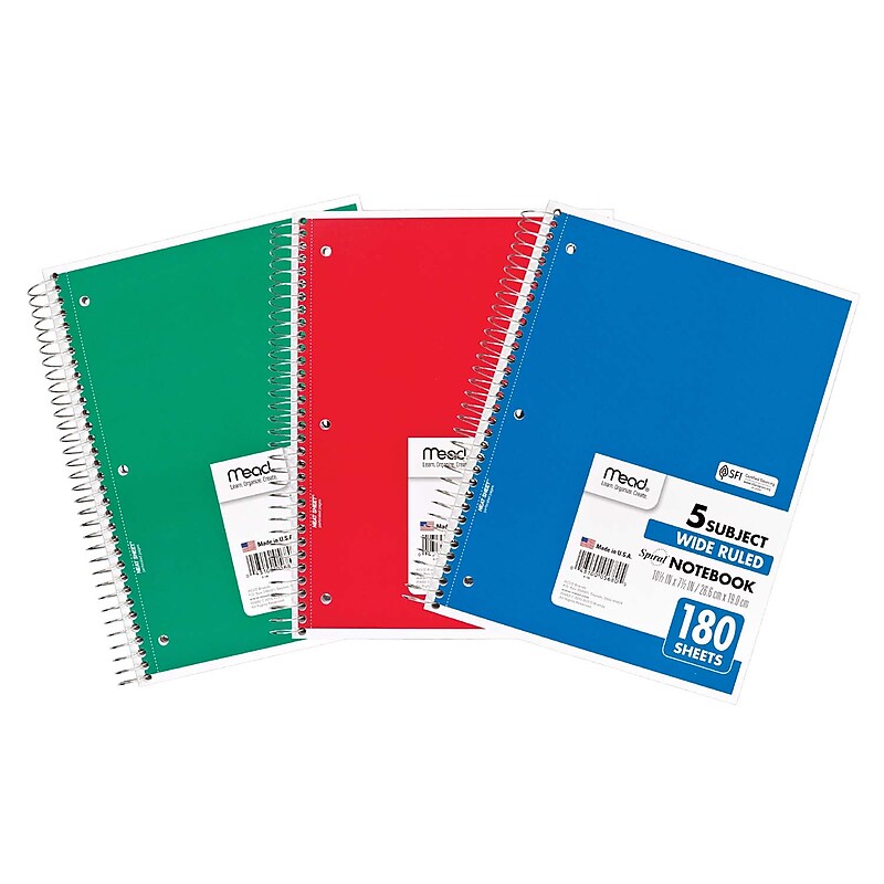 Mead 5-Subject Subject Notebooks, 8" x 10.5", Wide Ruled, 180 Sheets, Assorted Colors, 3/Bundle (MEA05680-3) image 1
