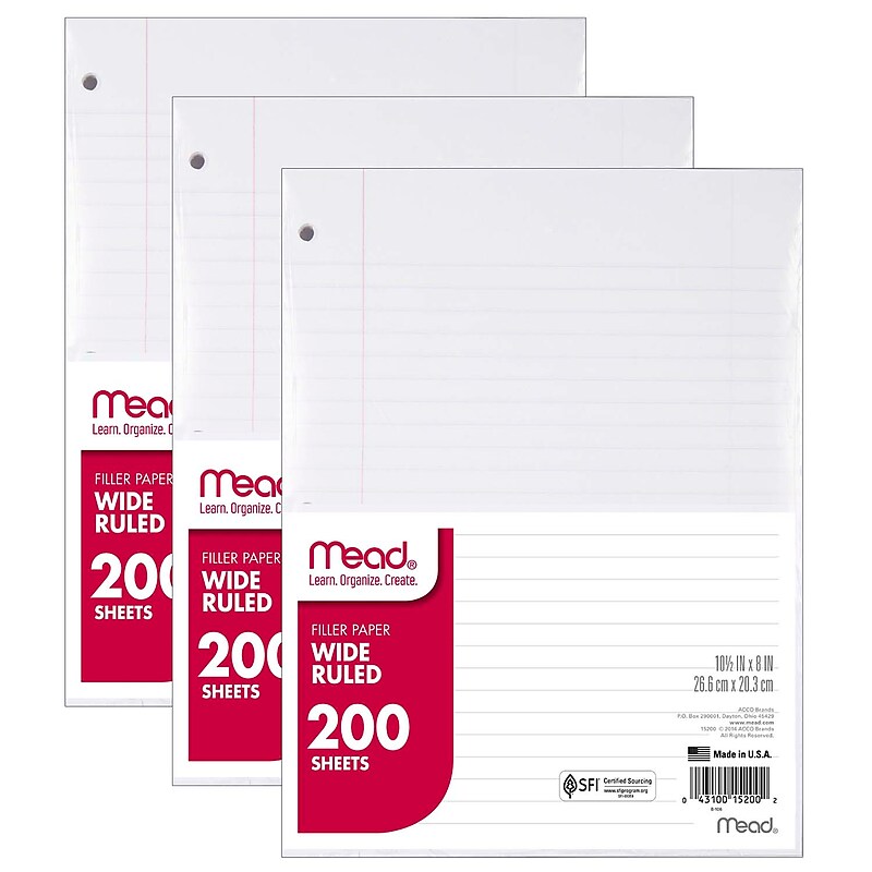 Mead Wide Ruled Filler Paper, 10.5 x 8", White, 200 Sheets/Pack, 3 Packs (MEA15200-3) image 1
