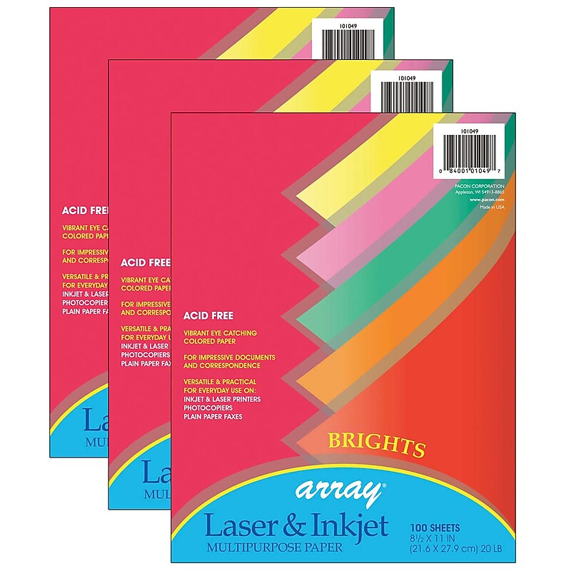 Pacon 8.5" x 11" Multipurpose Colored Paper, 20 lb., Assorted Brights, 100 Sheets Per Pack/3 Packs (PAC101049-3) image 1