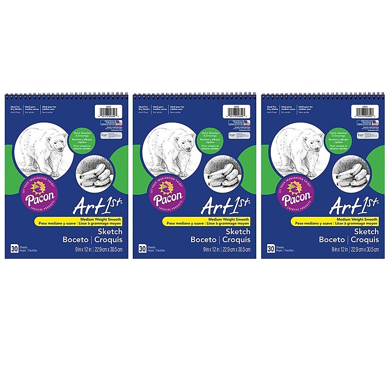 Ucreate Sketch Book, 9" x 12", Spiral Bound Sketch Book, 90 Sheets/Book, 3 Books/Bundle (PAC4850-3) image 1