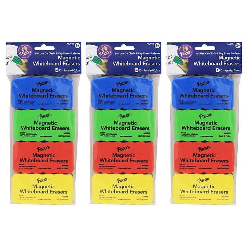 Pacon Magnetic Chalk & Whiteboard Eraser, 2.25" x 4.25", 4 Assorted Colors, 4 Erasers Per Pack, 3 Packs (PACAC2083-3) image 1