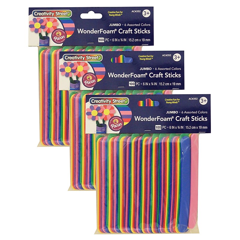 Creativity Street WonderFoam Jumbo Craft Sticks, Assorted Colors, 6" x 3/4", 100/Pack, 3 Packs/Bundle (PACAC4352-3) image 1