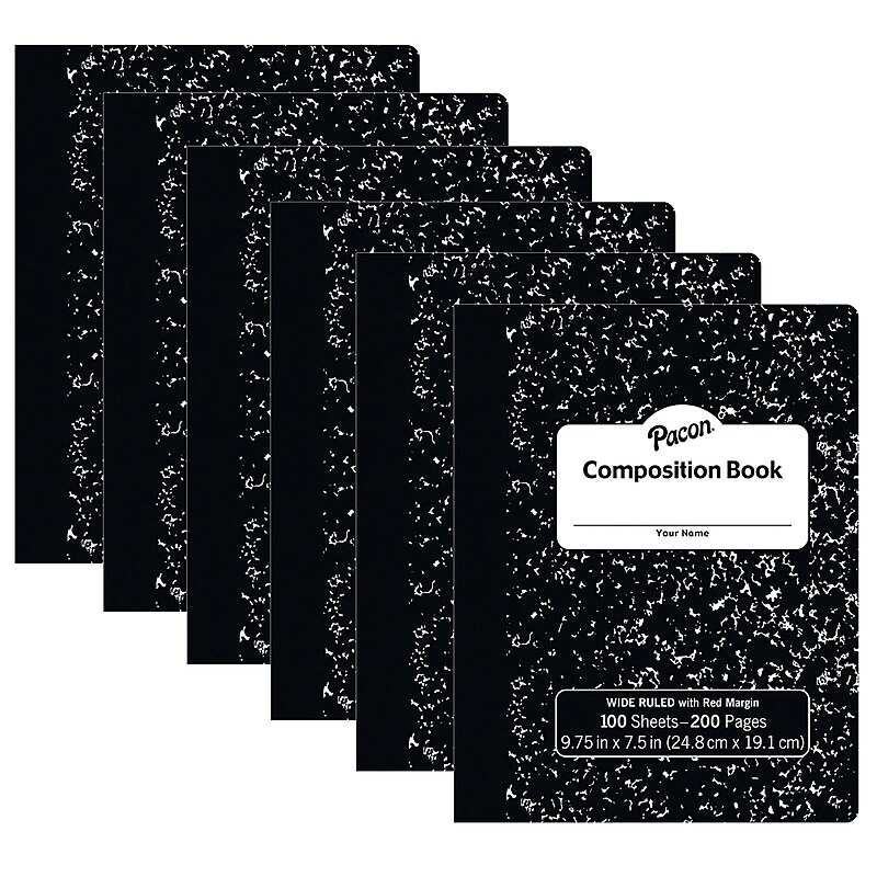 Pacon Composition Notebooks, 9.75" x 7.5", Wide Ruled, 100 Sheets, Black, 6/Bundle (PACMMK37101-6) image 1