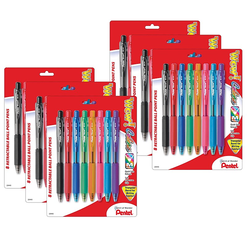 Pentel WOW! Retractable Ballpoint Pens, Medium Point, Assorted Colors, 8/Pack, 6 Packs (PENBK440BP8M-6) image 1