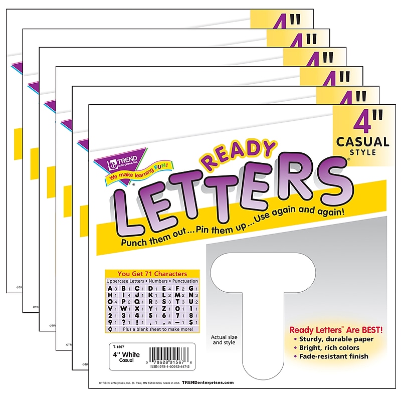 Trend Enterprises 4" Casual Uppercase Ready Letters, White, 71 Characters/Pack, 6 Packs/Bundle (T-1567-6) image 1