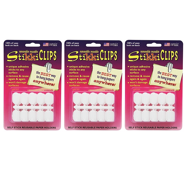 StikkiWorks StikkiCLIPS Adhesive Clips, White, 30 Per Pack, 3 Packs (STK01420-3) image 1