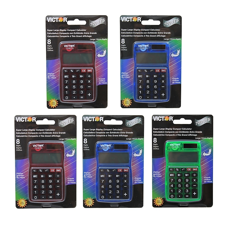 Victor Compact 8-Digit Battery/Solar Powered Basic Calculator, Assorted Colors, 5/Bundle (VCT700BTS-5) image 1