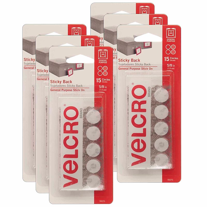 VELCRO® Sticky Back™ 5/8" Diameter, Round Hook & Loop Fastener, White, 15 Per Pk/6 Sets (VEC90070-6) image 1