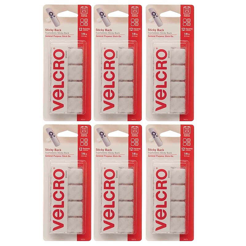 VELCRO® Sticky Back™ 7/8" x 7/8", Square Hook & Loops Fasteners, White, 12 Per Pk/6 Sets (VEC90073-6) image 1