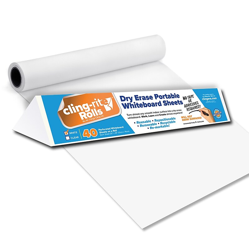 Cling-rite Removable Dry Erase Sheets Roll, 100' Roll, White (CGS1003CLINGRITE) image 1